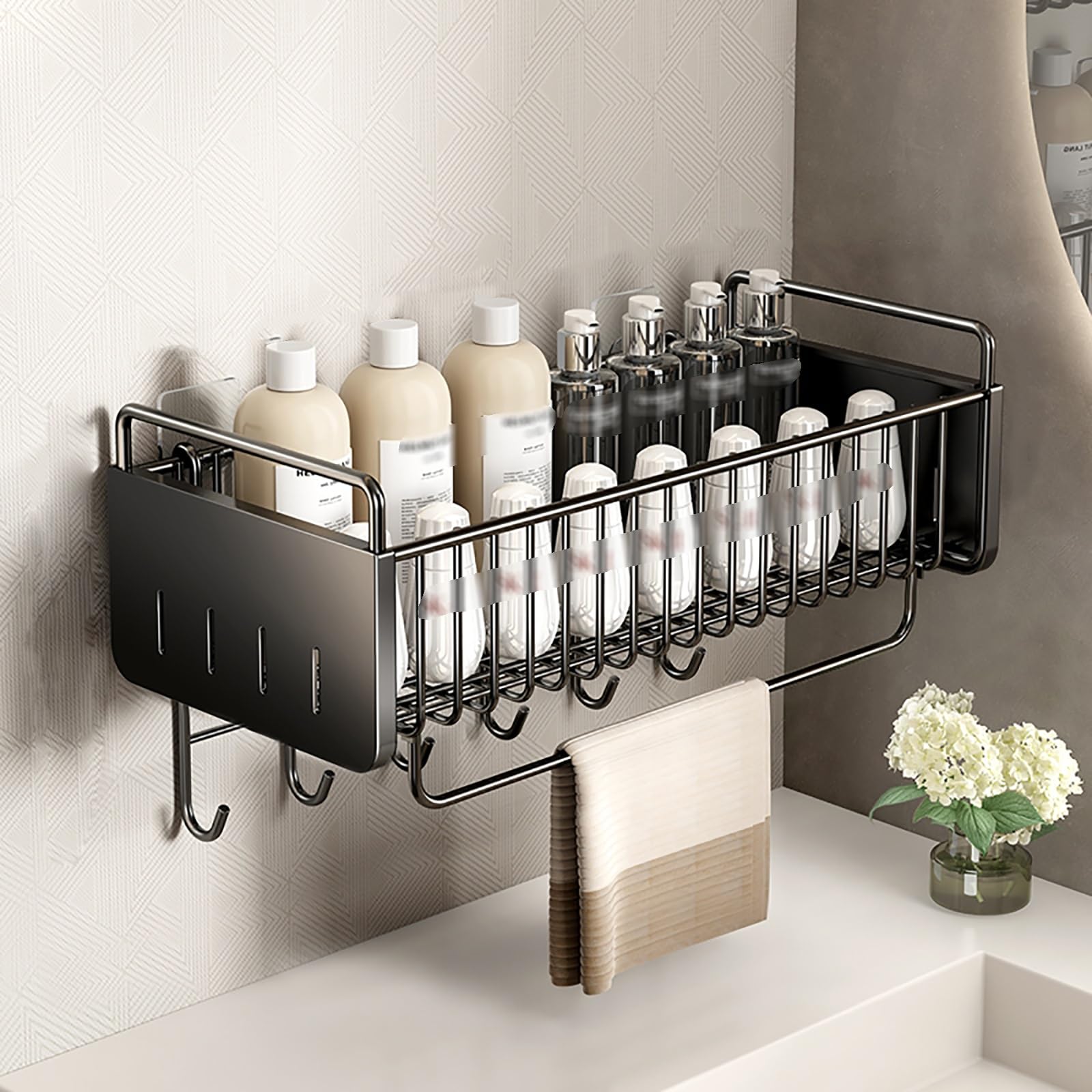 TXGJWRA Rustproof Shower Shelves with Hooks and Towel Bar Wall Mounted Shower Organizer Has Fence Larger Capacity Carbon