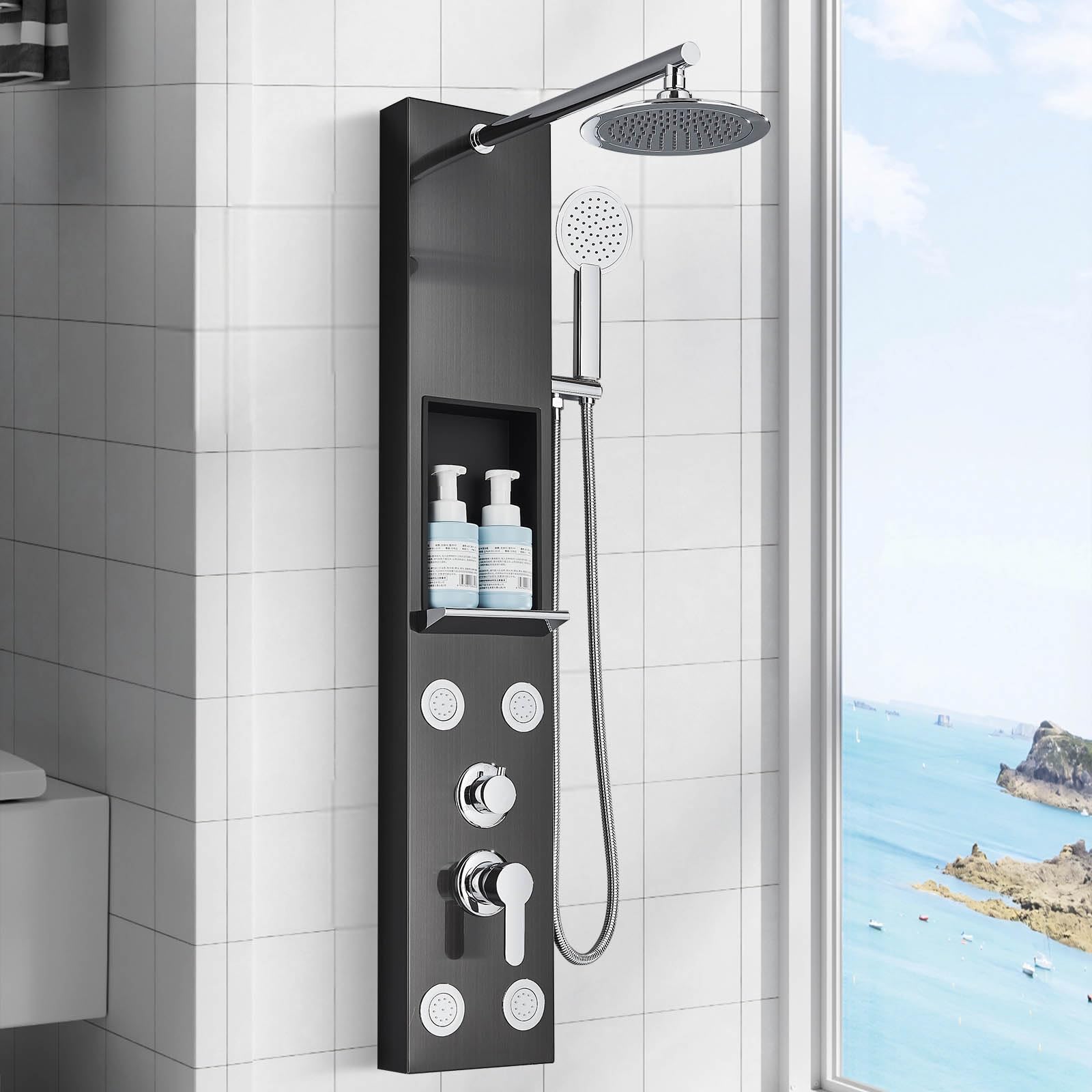 Pannello doccia in acciaio inossidabile con rubinetteria, 3 modalità di uscita dell'acqua, pannello doccia con rubinetteria e ripiano, sistema doccia pannello massaggio bagno nero