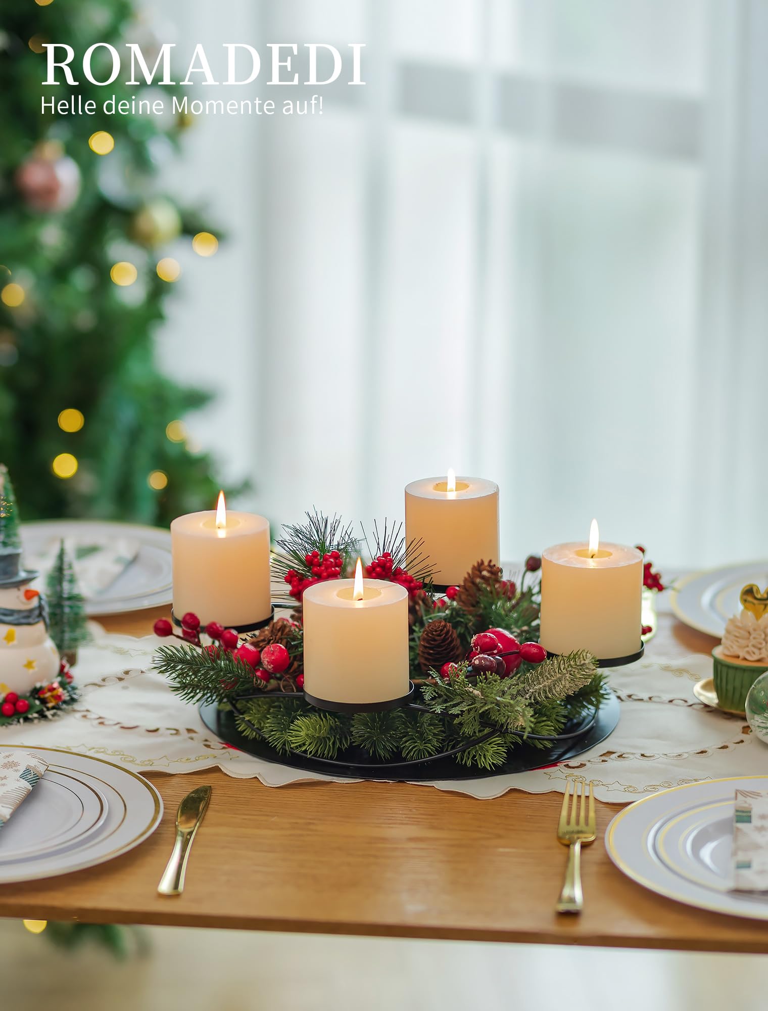Couronne De L'Avent Moderne En Métal Argenté - Bougeoir Pour 4 Bougies Piliers, Décoration De Noël