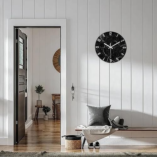Miniatura 2 de Relojes de pared minimalistas negros para sala de estar, relojes de pared con patrón de mármol de vidrio, funciona con pilas, reloj de pared