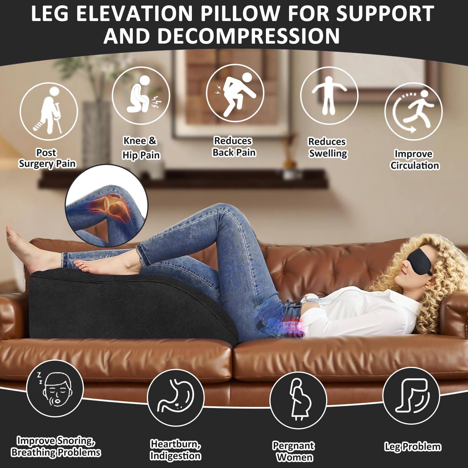Venenkissen Beinhochlagerungskissen mit Schlafmaske – Beinkissen zum Hochlagern, Keilkissen Bett für Bett und Couch, Verstellbares Beinkissen als Beinhochlagerungskissen nach op