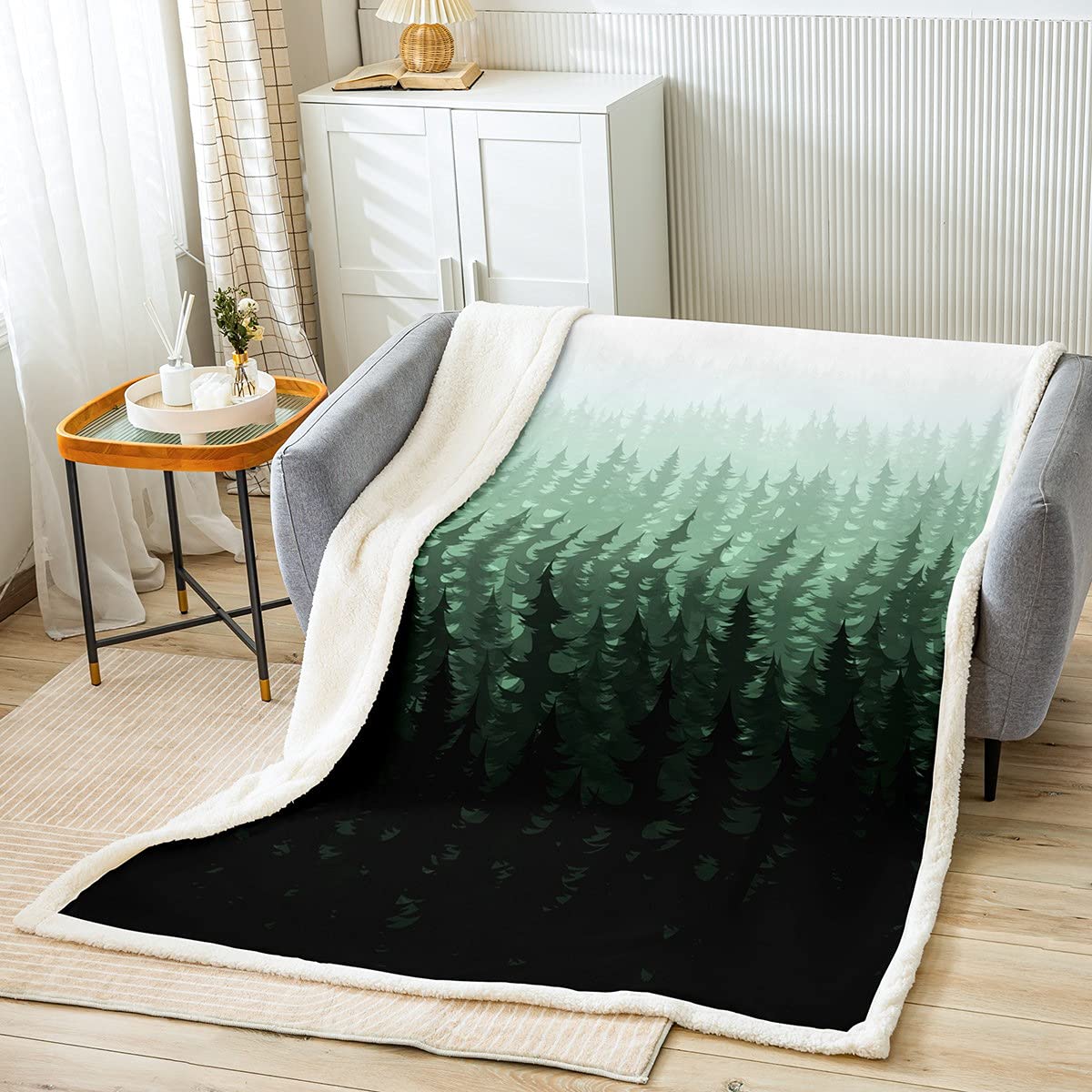 Couverture en peluche et Sherpa motif sapin de pin finitions haut de gamme pour bébé