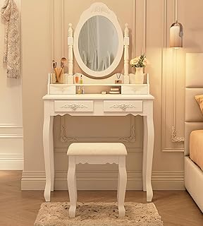 Makeup Vanity Set with Mirror and Stool White Wooden Dressing Table with 4 Drawers Cute Vintage Desk for Bedroom Bathroom Women Girls