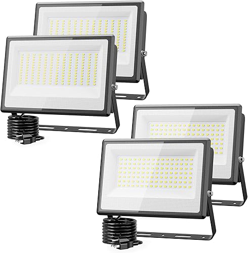 Olafus Paquete de 2 focos LED de 100 W y 150 W para exteriores, luz de trabajo LED con enchufe, luces de seguridad exteriores impermeables IP66,