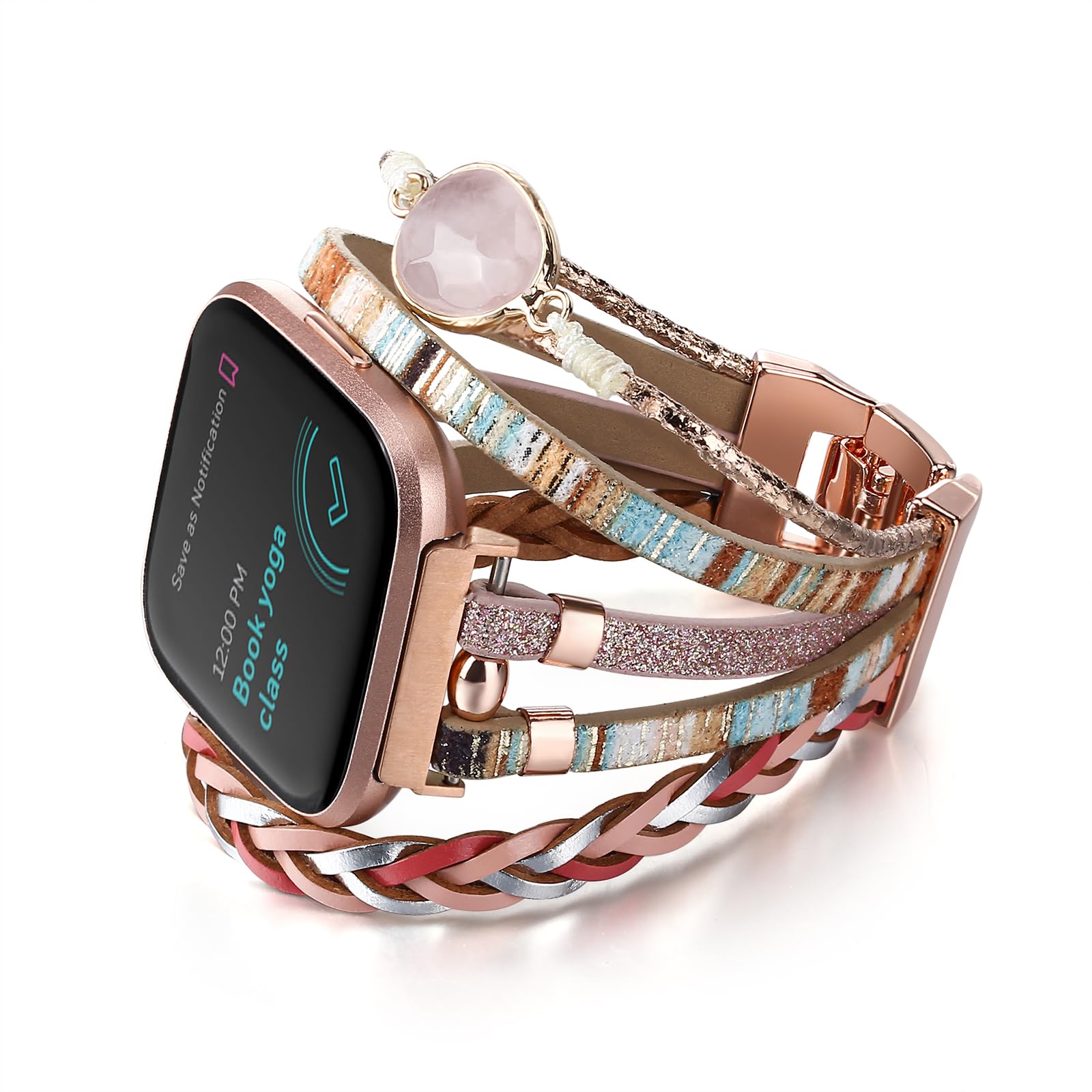 Posh Leather Band Compatible with Fitbit Versa 3&4 Bands/Fitbit Sense/Sense 2 Women, Multilayer Boho Wrap Bracelet Wristband Handmade Replacement Strap for Fitbit Smartwatch