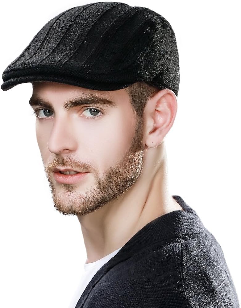 Siggi Cable Irish Wool Knit Black Duckbill Ivy Flat Cap for Men Newsboy Hat Winter Medium 69148_black