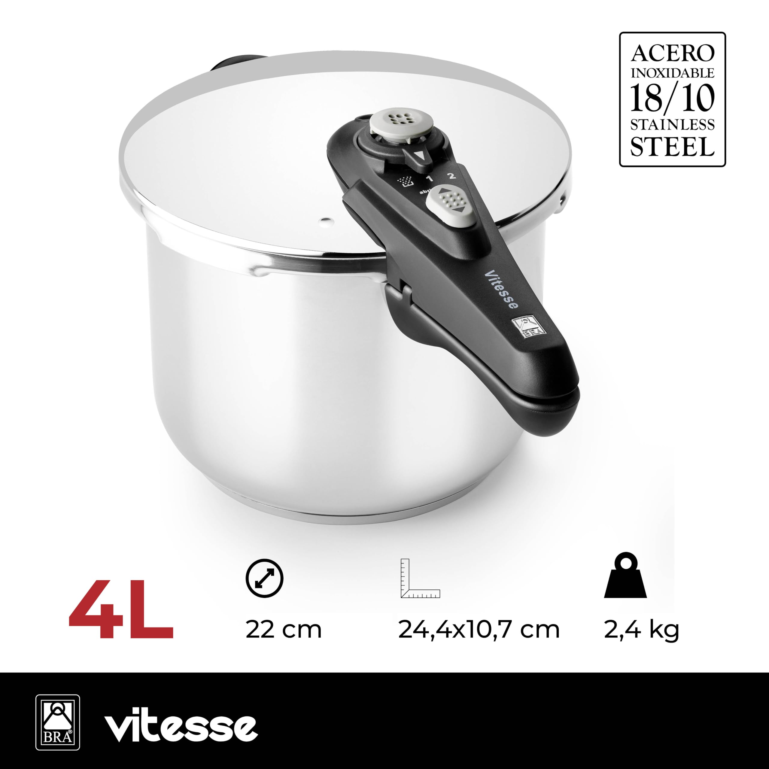 BRA Vitesse- Inox Set Pentole a pressione 4+7 l | Metal, Argento, 4, adatte a tutti i tipi di piani cottura inclusa induzione