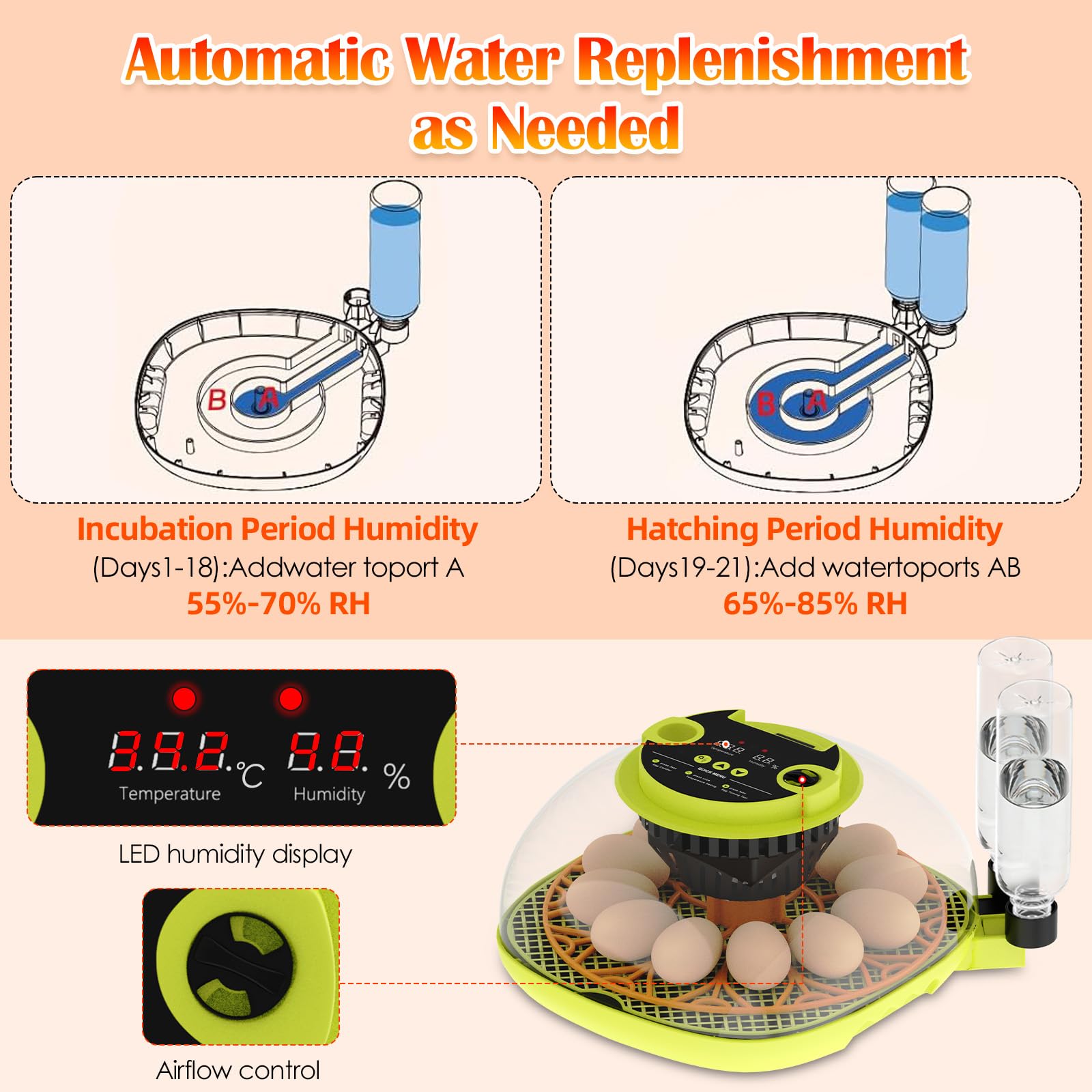 Incubatrice per Uova Automatica, 12 Uova, con Aggiunta Automatica Dell'Acqua, Girauova Automatico, Controllo Temperatura e Umidità, Funzione Speratura , Visuale a 360°, per Galline, Quaglie, Anatre(B)