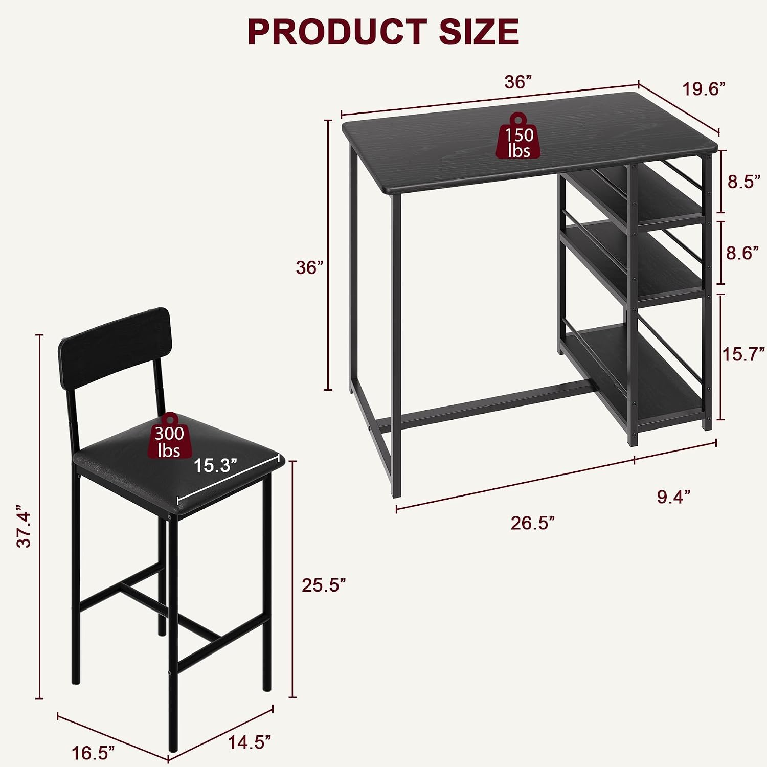 Bar Table and Chair Set with Three Shelves Small 2-Person Dining Table with 2 upholstered stools with backrests Suitable for Restaurants and bistros -Black