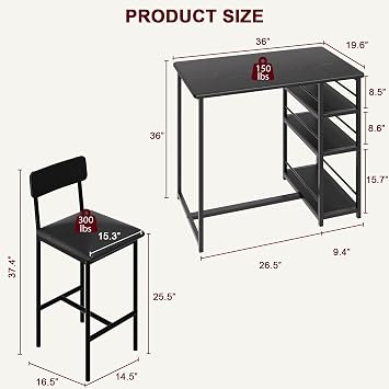 Bar Table and Chair Set with 3 Shelves, 2 Upholstered Stools, Black