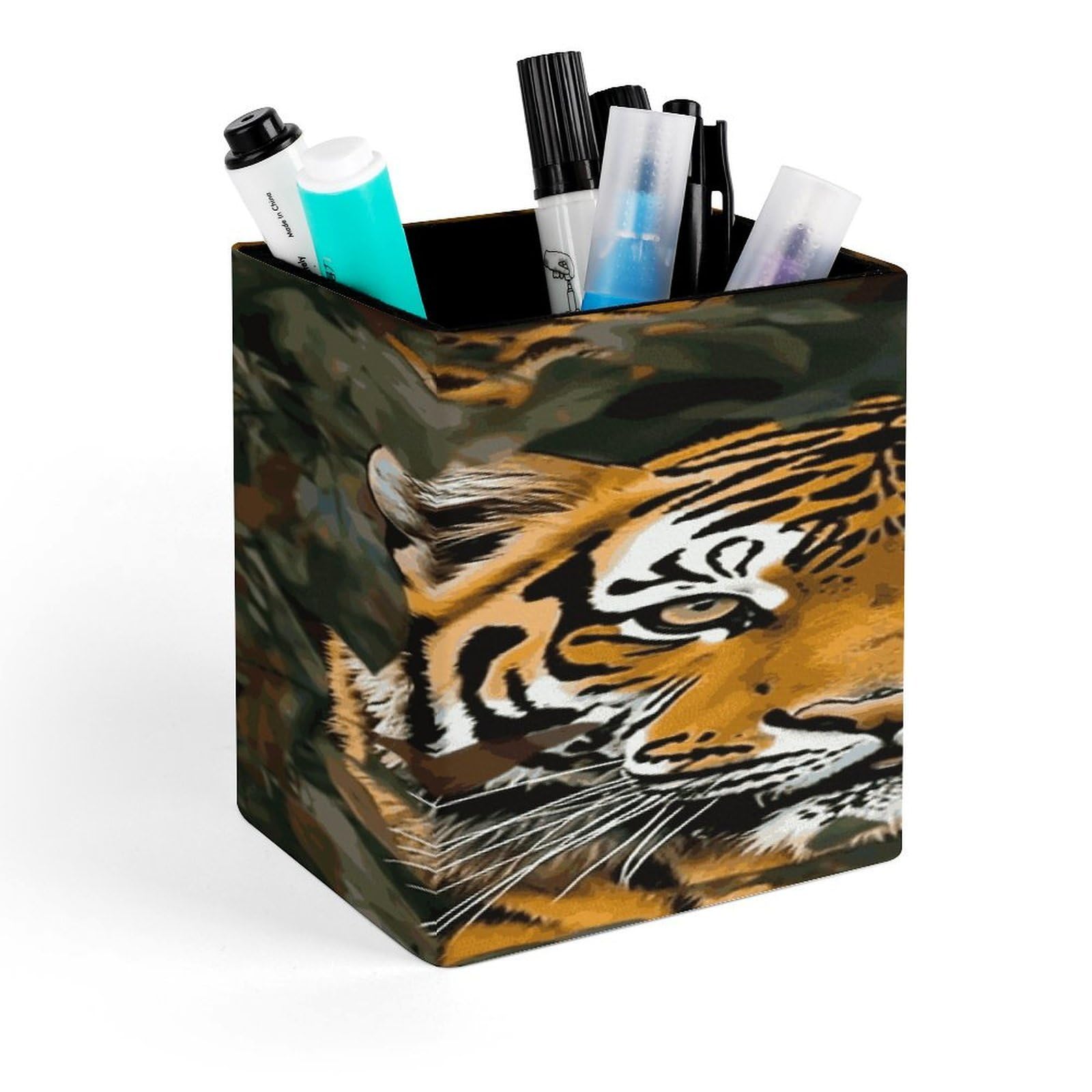 FekiLoot Camouflage Tiger Pencil Holder for Desk Square Leather Pen Holder Cup Desktop Organizer Multi-Functional Pencil Cup Holders Modern Decorative Desk Organizer Caddy Makeup Brush Holders