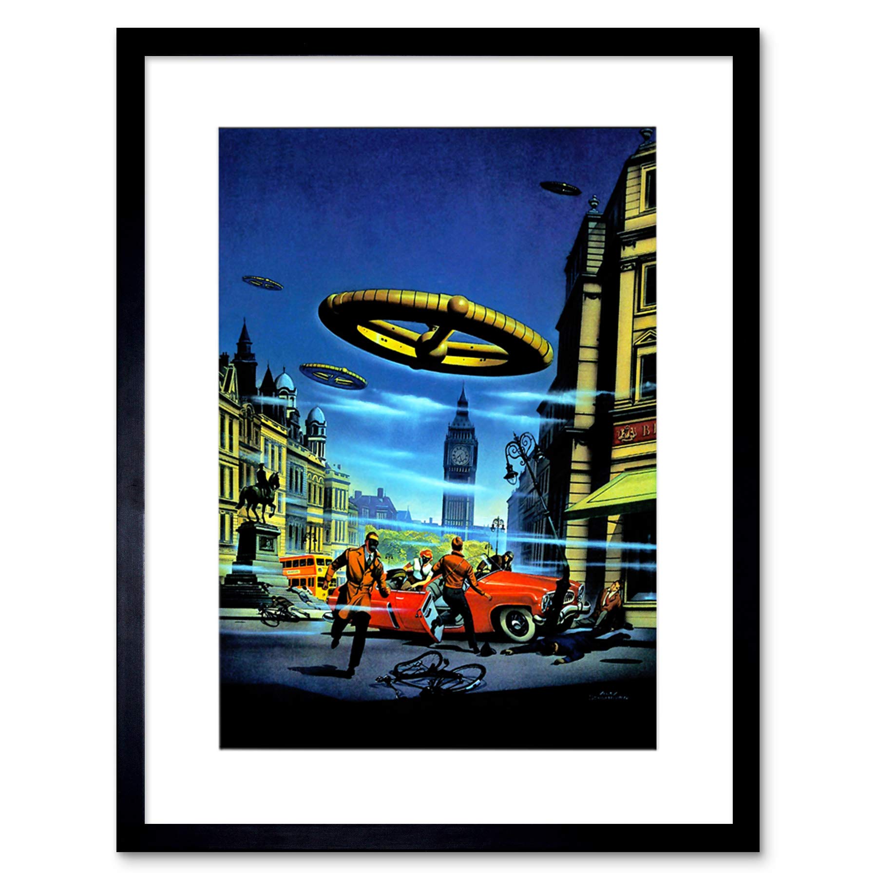 Wee Blue Coo SURREAL FANTASY ALIEN INVASION LONDON ENGLAND UK BIG BEN FRAMED PRINT B12X7548