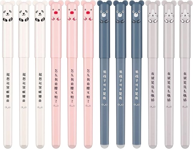 12 Pcs Erasable Rollerball Pens Friction Pens, 0.35mm Ballpoint Pens Cartoon Cat Pig Bear Panda Animal Gel Ink Pen, Blue Erasable Gel Pen for Student Gift Stationery Office Supplies