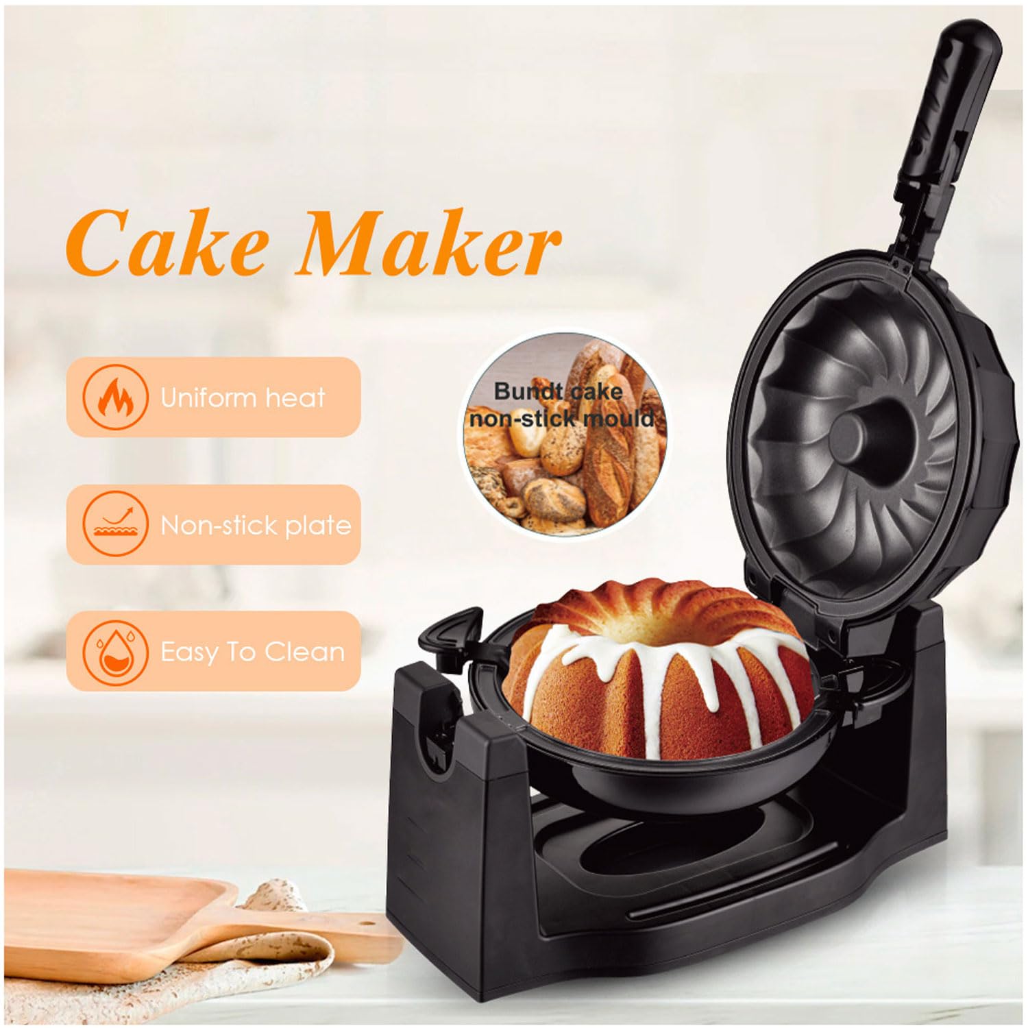 MINI-Wende-Brotmaschine, 1800 W, 360° Drehbarer Kuchen-Waffelautomat Für Zu Hause Mit Antihaftplatte, Doppelseitiger Heizung, Elektrischer Backform Für Frühstück, Snacks, Party
