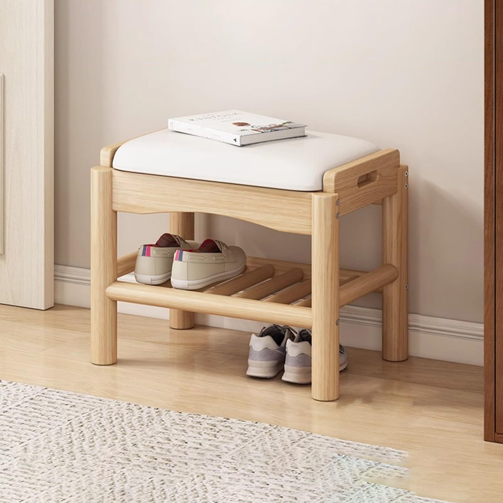 Banco de cama tapizado con almacenamiento de madera para dormitorio y entrada