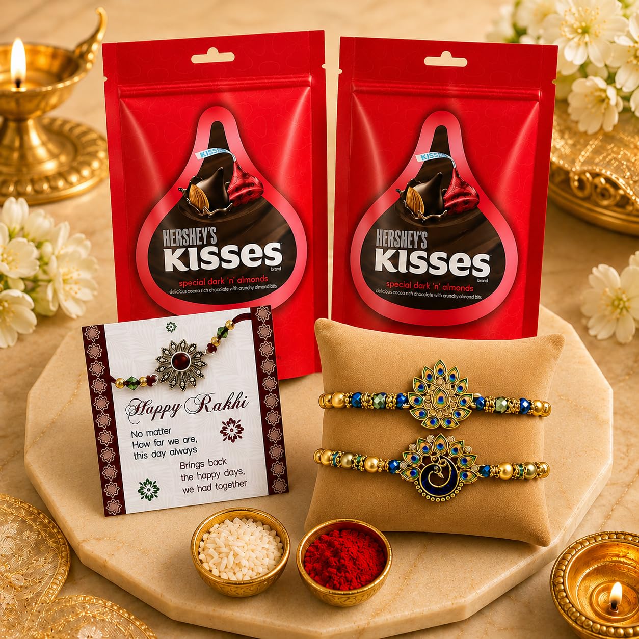 TIED RIBBONS Rakhi for Brother with Chocolate Combo Gift Set - Set of 2 Designer Rakhi for Brother Bhaiya with 2 Hershey's Kisses Chocolates and Roli Chawal, 200 grams discount deal