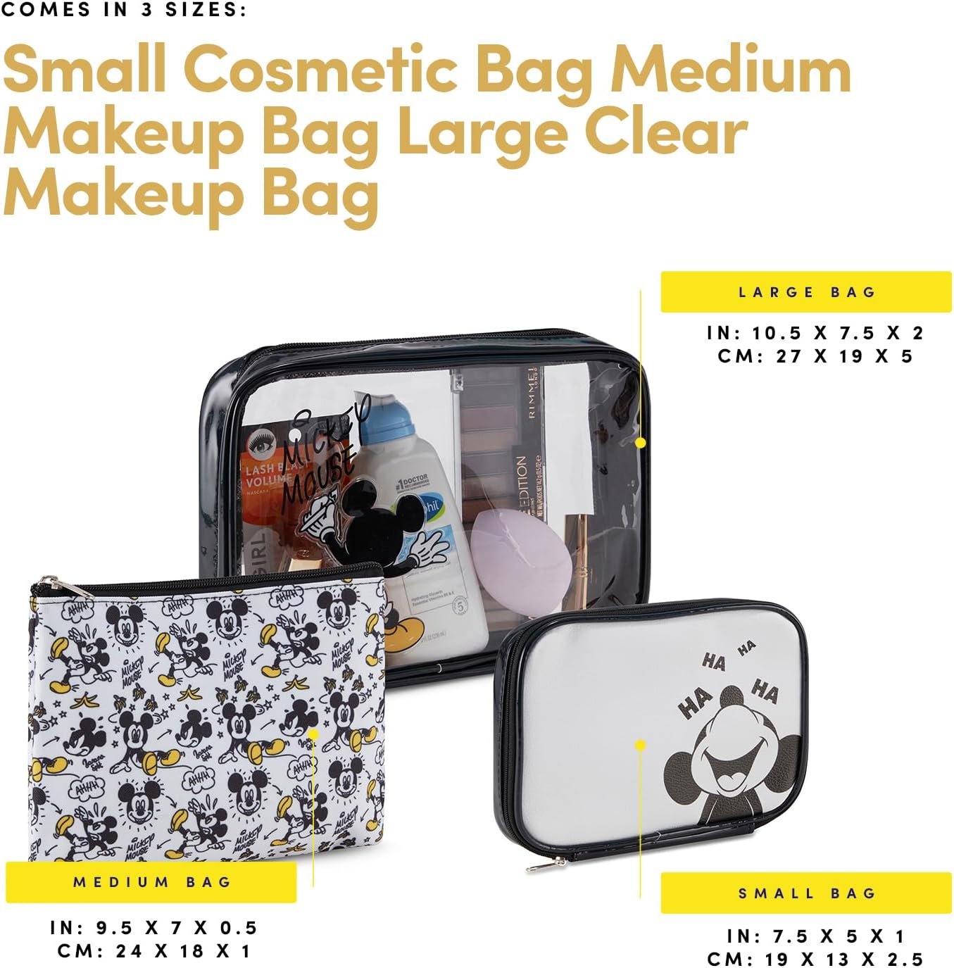 Mickey Mouse Cosmetic Case Set - Officially Licensed Mickey and Minnie Mouse Travel Cosmetic Case 3 Piece Set - Girls, Boys, Teens, Adults (Black Mickey) - Image 3