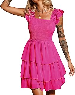 Womens Square Neck Sleeveless Ruffle Dress High Waist Backless Tiered Smocked Strappy Casual Short Mini Dresses - Buy now