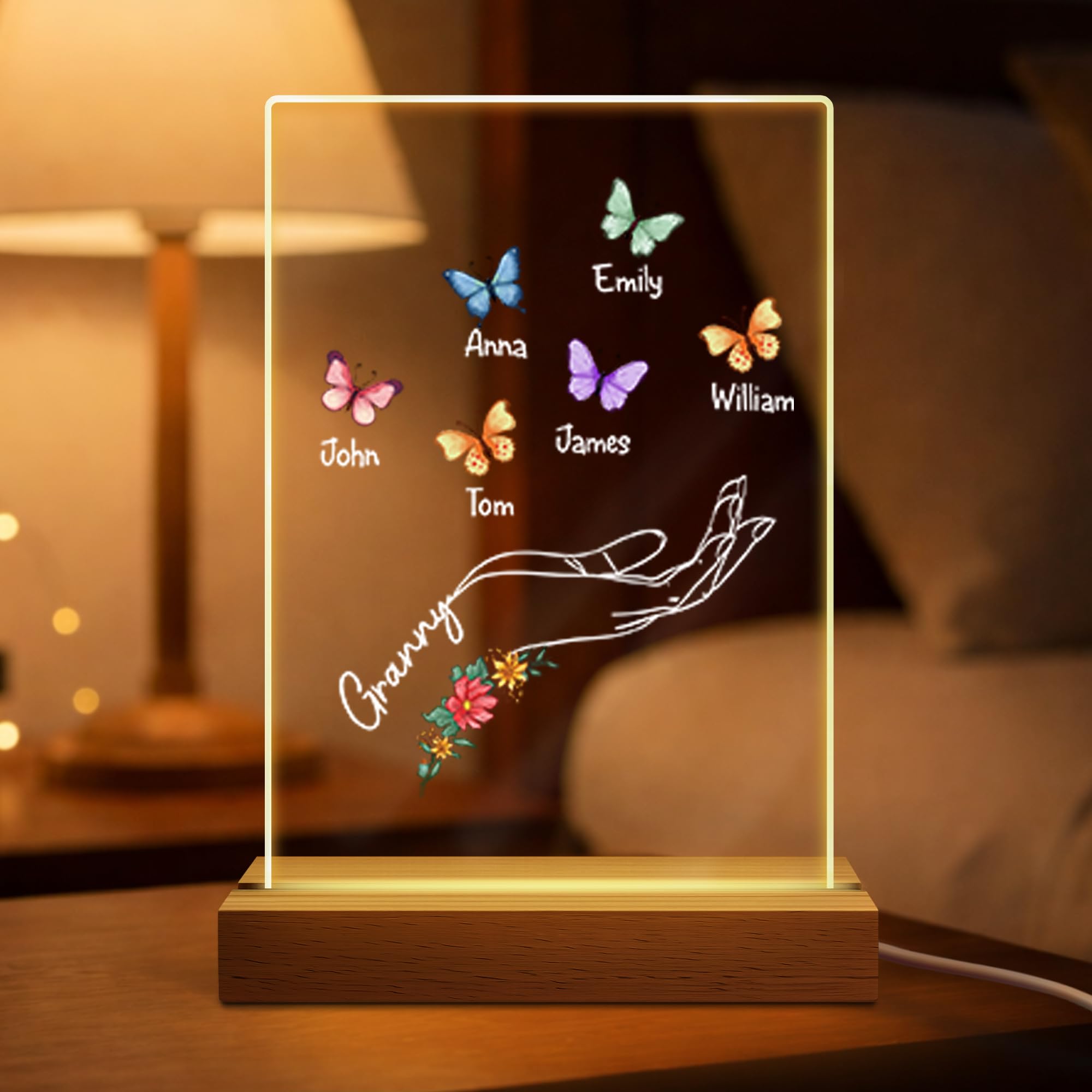 Personal Chic Custom Name Night Light -Acrylic Lamp with Butterfly, Personalised Mothers Day Gifts, Unique Personalised Gifts for Mum and Grandma (6 Kids)