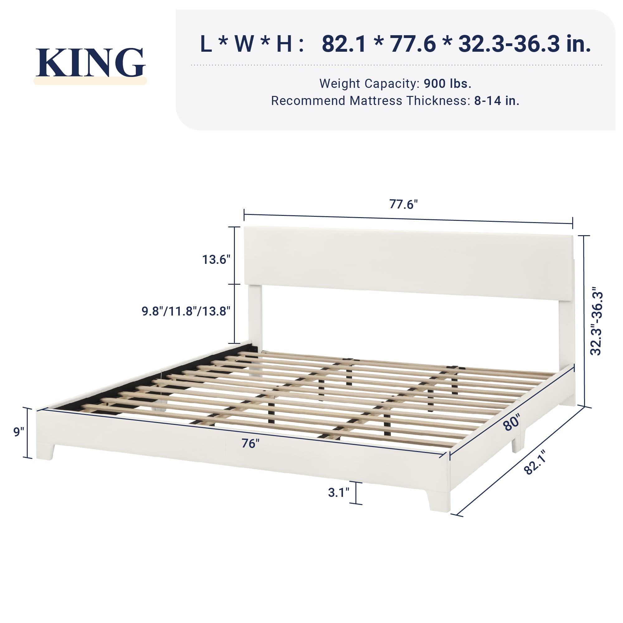 Condition photo showing New/Like New for allewie king size bed frame with adjustable headboard, faux leather platform bed with wood slats, heavy duty mattress foundation, no box spring needed, noise-free, easy assembly, white