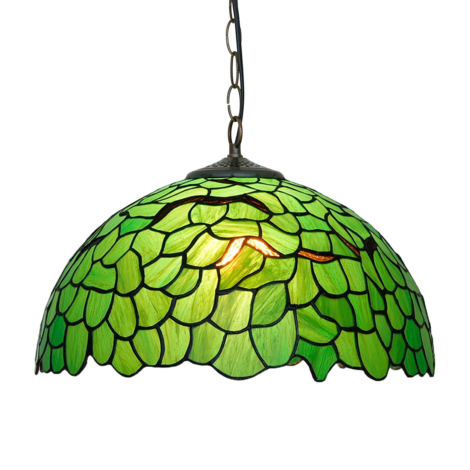 Tiffany Style Ceiling Light, 16 Inch Green Leaf Stained Glass Hanging Pendant Light Vintage Decor Chandelier for Kitchen Island Dining Living Room Bedroom Corridor