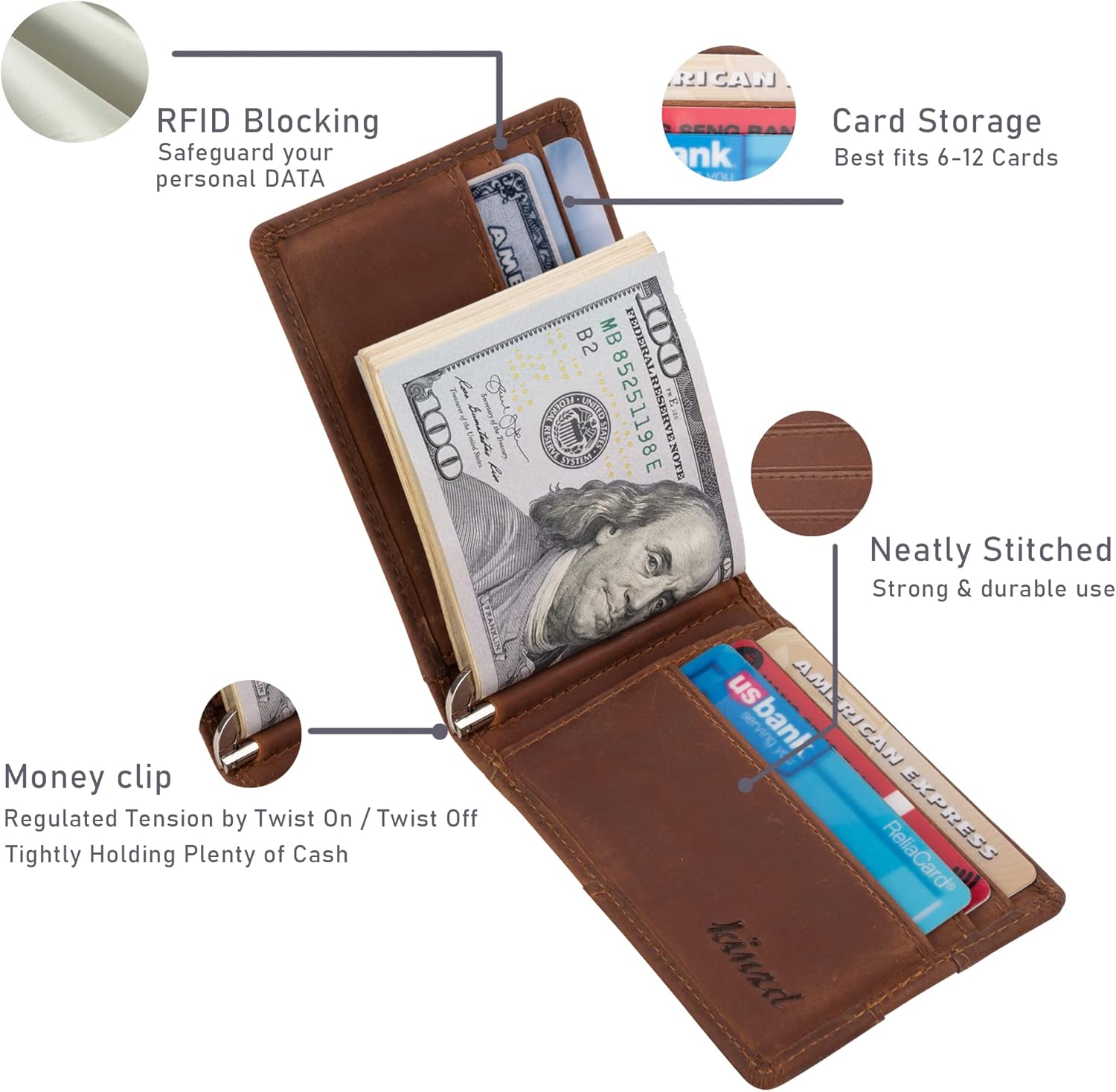 kinzd Slim Wallet with Money Clip RFID Blocking Minimalist Bifold Wallet for Men Genuine Leather Front Pocket Card Holder - Image 4