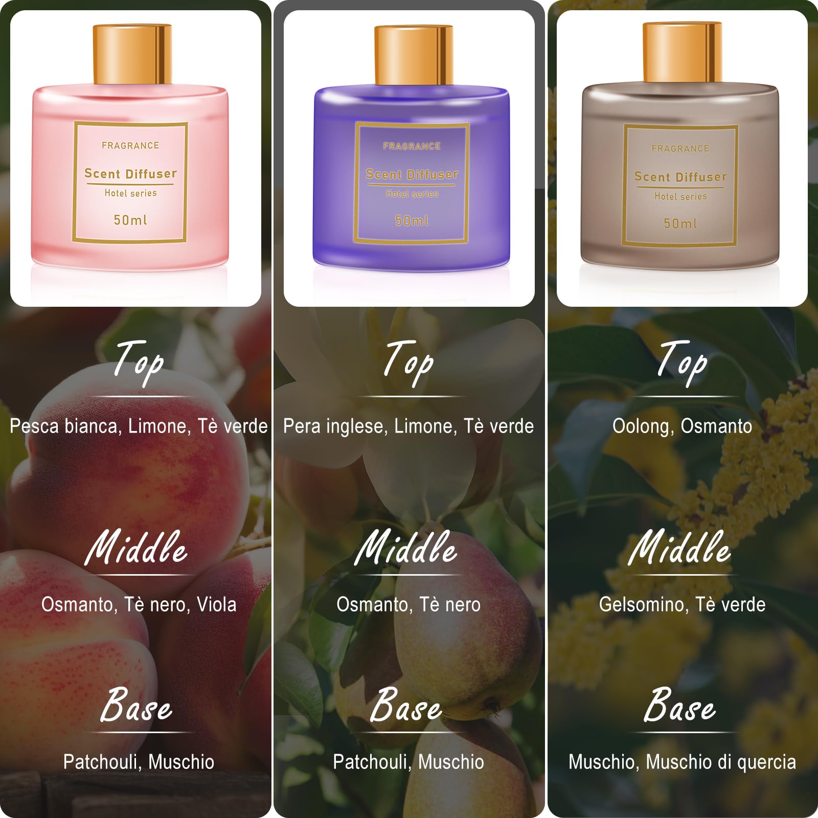 Profumatore per Ambienti 3 Pack 50ml Pesca/Fresia/Osmanto,Diffusore Profumo Ambiente con 12 Bastoncini,Diffusore di Fragranze per Bagno,Appartamento