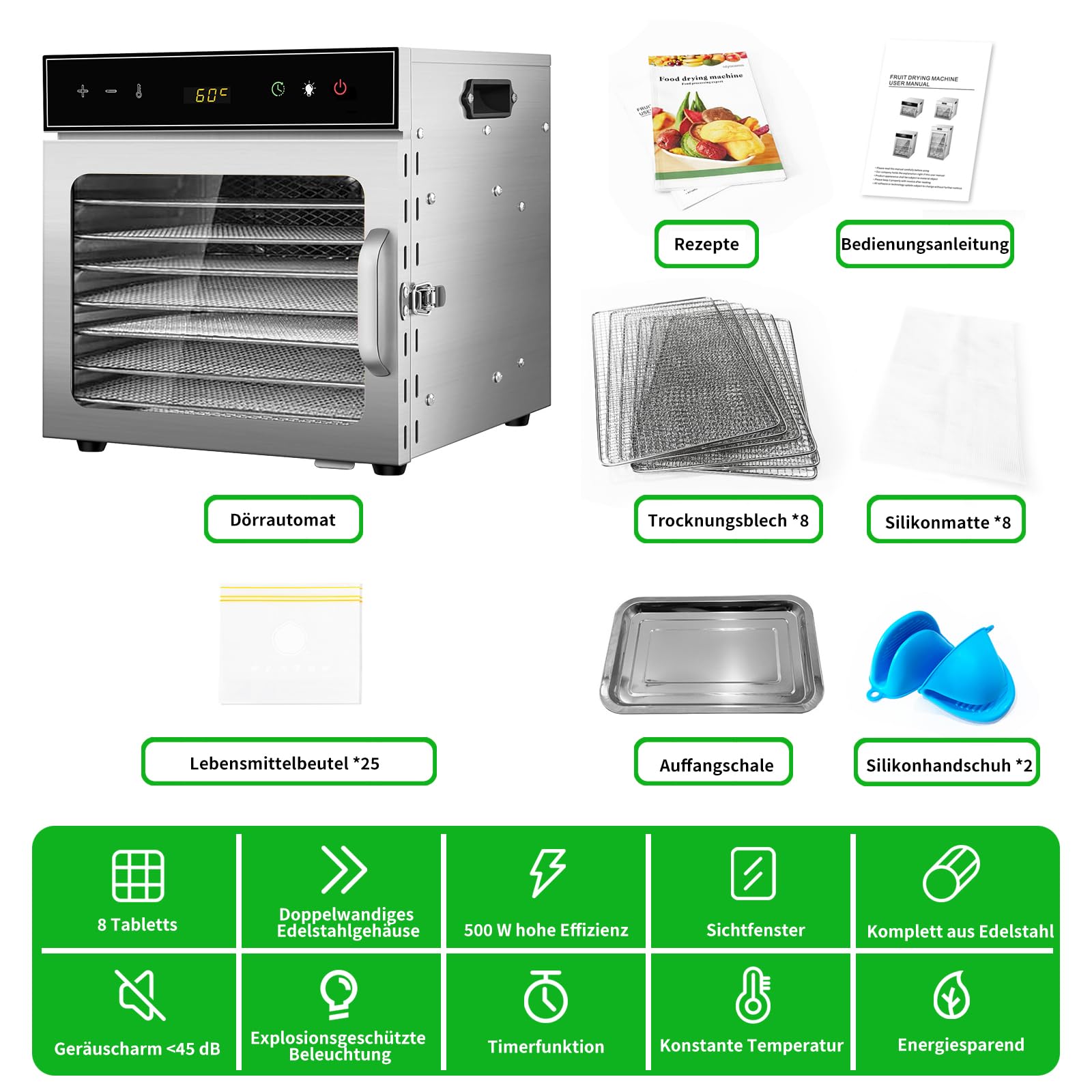Dörrautomat Edelstahl mit Rezeptheft 8 Etagen, oiyocemo 500W Edelstahl Lebensmittel Dehydrator mit 360° Luftzirkulation, Große Kapazität für Fleisch, Obst, Gemüse, Kräuter