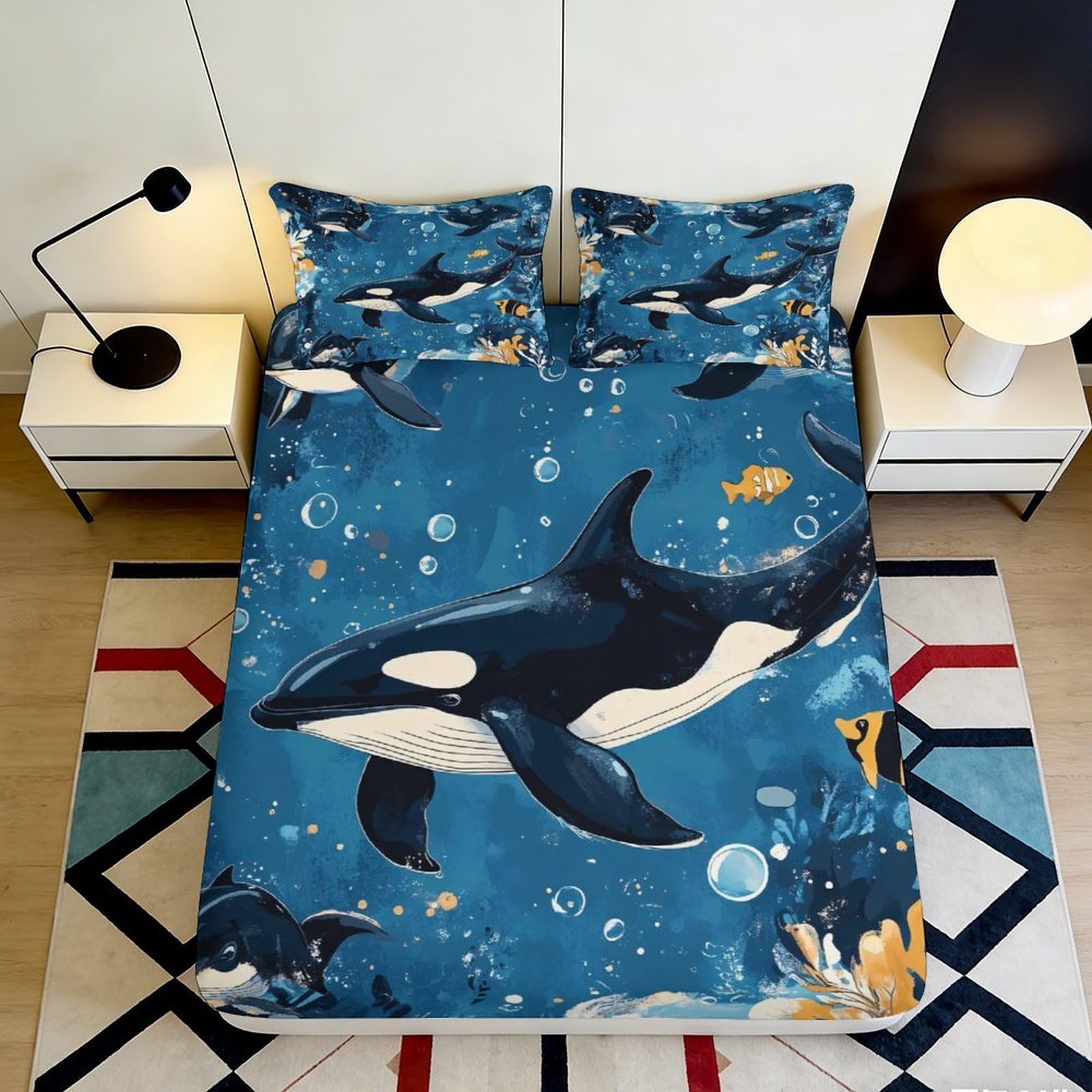 3D Printed Ocean Whale Themed Fitted Sheet Microfiber Deep Pocket Bedding Set Whale Mattress Fitted Cover Adult Bedroom Washable Mattress Protector 90x200x25cm