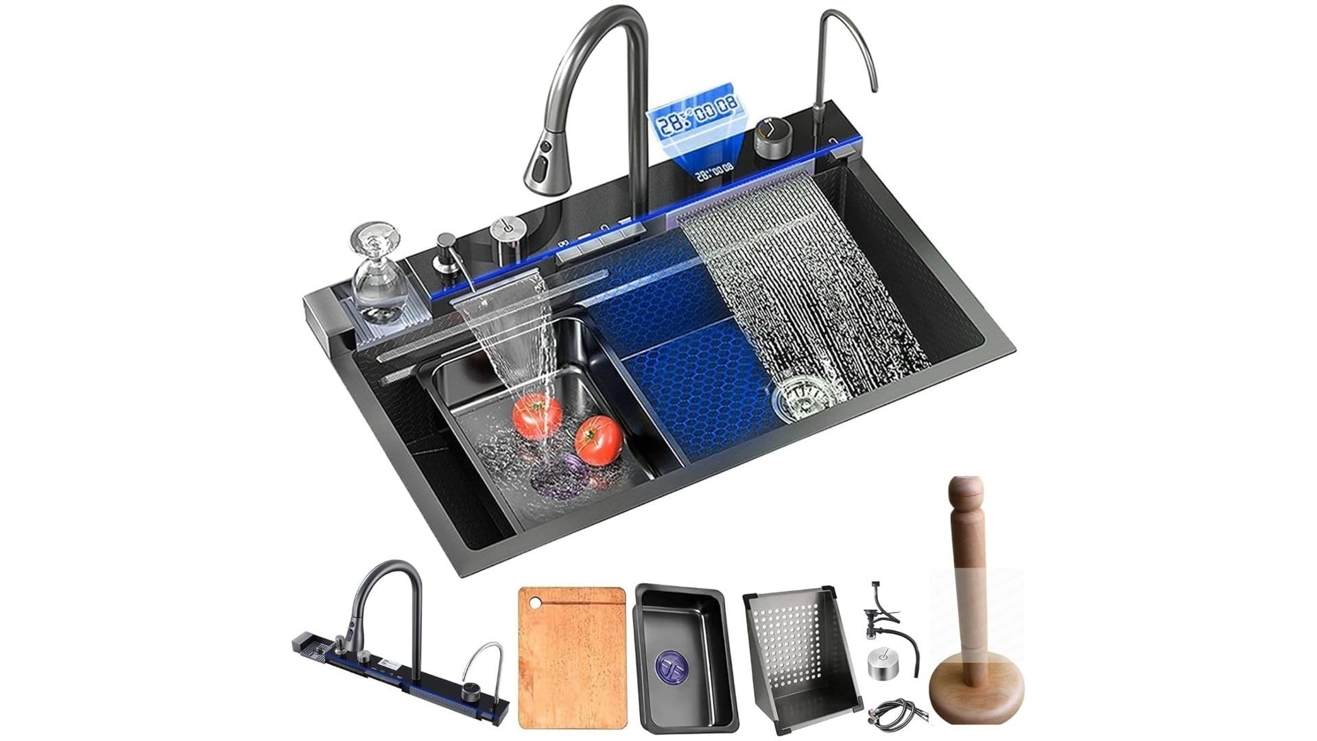 Nano Kitchen Sink 304 Stainless Steel Waterfall Single Bowl Workstation with Multifunctional Digital Display Fly Rain Pull-Out Faucet