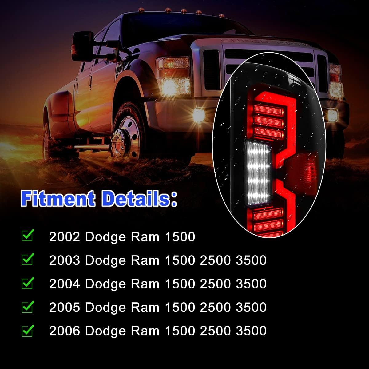 Led Sequential Tail Lights for 2002-2006 Dodge Ram 1500 pickup and 2003-2006 Dodge Ram 2500 / 3500, Full Led Ram Tail Lights Assembly w/ Sequential Turn Signals, Passenger and Driver Sides [Smoke]