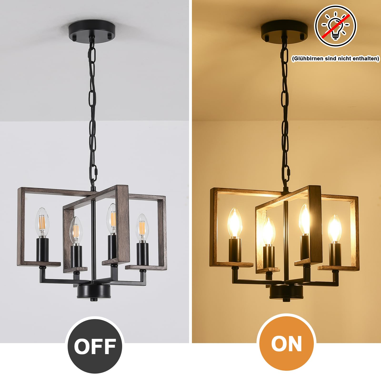 Kronleuchter Vintage Pendelleuchte Esstisch Imitat Holzmaserung 4 Flammig | Hängelampe Wohnzimmer HöHenverstellbare Rustikal Geometrisch Hängeleuchte, Deckenlampe Esszimmer für Küche Flur E14 Fassung