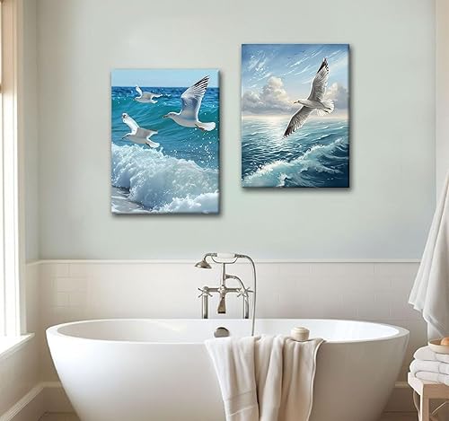 Miniatura 6 de 2 lienzos enmarcados para pared, impresiones artísticas de gaviotas volando sobre olas del océano, póster de pintura náutica costera, galería, para