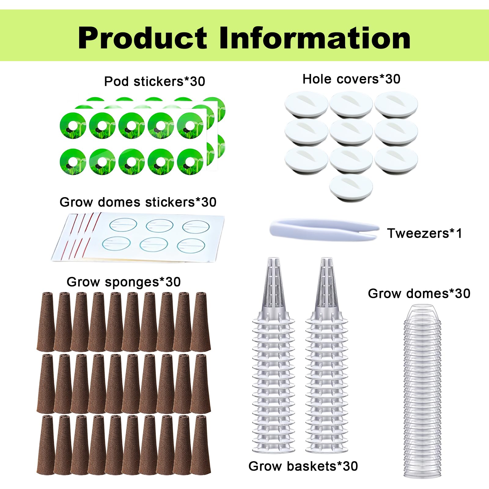 Ifan Lot De 30 Kits De Culture Hydroponique Comprenant 30 éponges De Culture, 30 Paniers, 30 étiquettes Et 30 Dômes, Accessoires De Jardin Hydroponique Pour Système De Culture