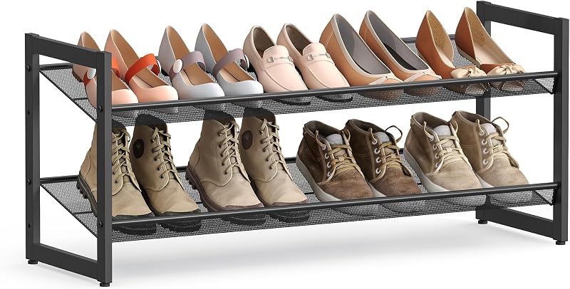 Shoe Rack, 2-Tier Shoe Organizer, Metal Shoe Storage for Garage, Stackable Shoe Shelf, with Adjustable Flat or Angled Shelves, 8-10 Pairs, Ink Black ULMR002B01