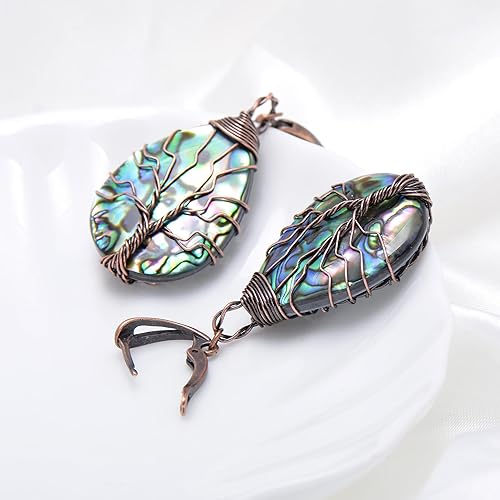 Miniatura 4 de Aretes de árbol de la vida de concha de abulón marino con alambre de cobre de bronce para mujer, cierre vintage