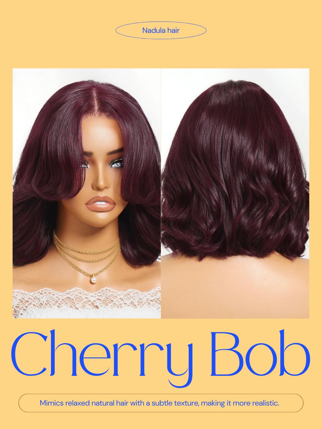 Nadula 7X5 Bye Bye Knots Black Cherry Red Bob Drawstring Wig Human Hair with Curtain Fringe, Pre Cut Glueless Short Bob Wavy Wigs Pre Plucked with Blowout Face Framing Bangs Read to Wear 12inch