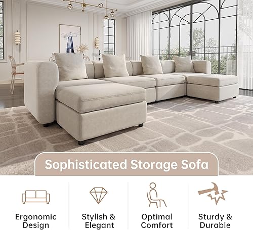 Miniatura 6 de QEZEOM Sofá seccional, sofás convertibles de gran tamaño para sala de estar, juegos de furnition de 7 piezas, con otomana de almacenamiento, esponja