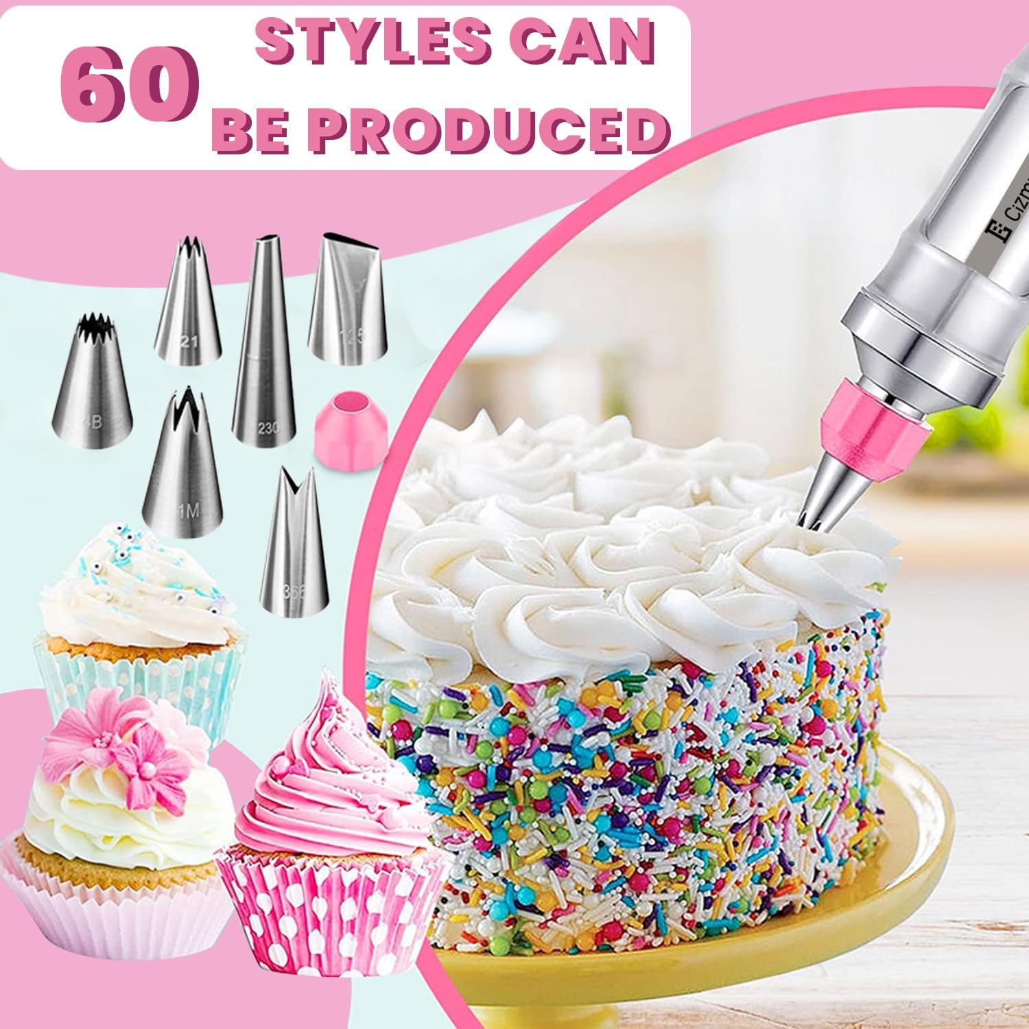 Dessert Decorating Syringe Set, Frosting Piping Kit icing piping kit 54 food-grade stainless steel piping nozzles for Baking, Decorating Cupcake, Deviled Eggs, Black (pink) image 5
