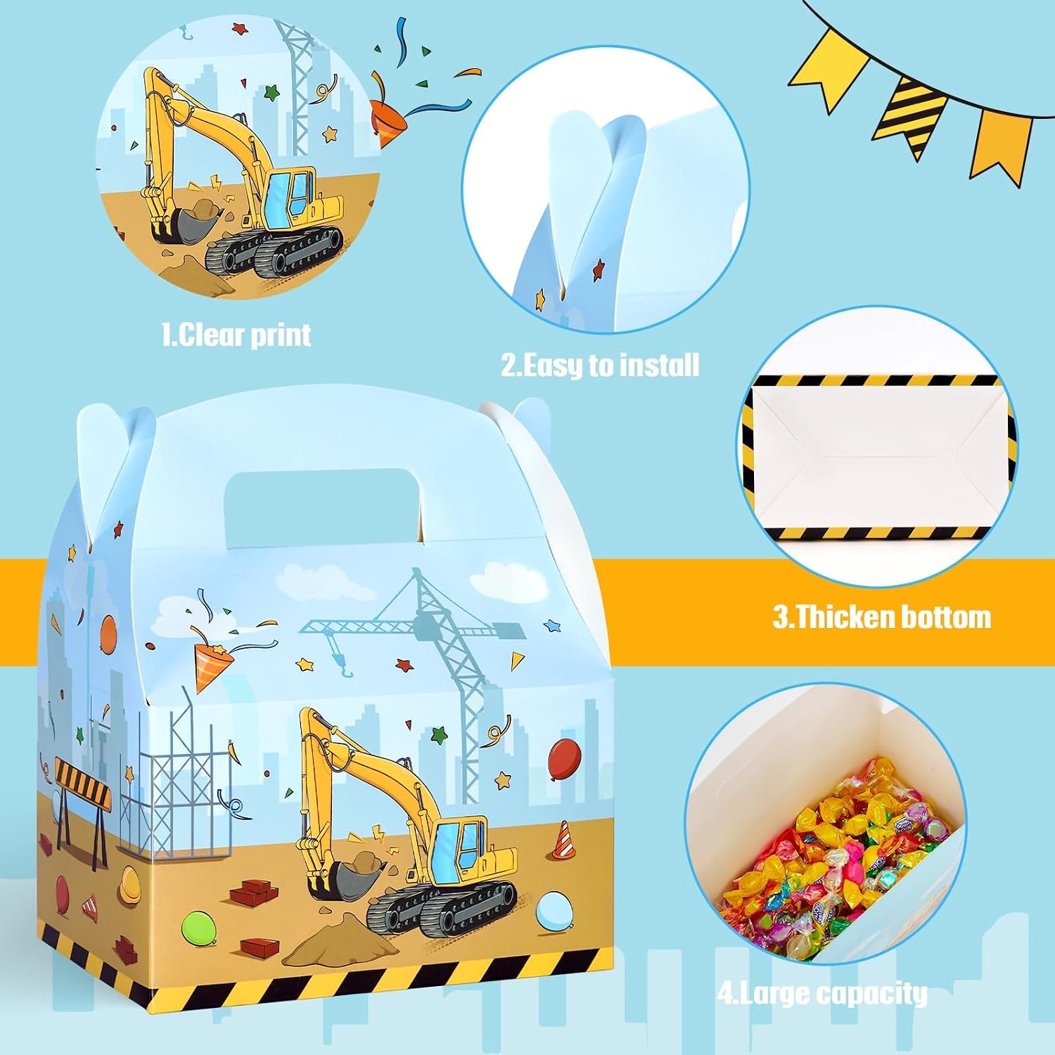 WERNNSAI 12 Pack Construction Party Boxes - Construction Birthday Supplies Truck Gifts Box for Kids Yellow Blue Truck Candy Bags Tractor Party Favor for Boys Holiday Baby Shower Decor