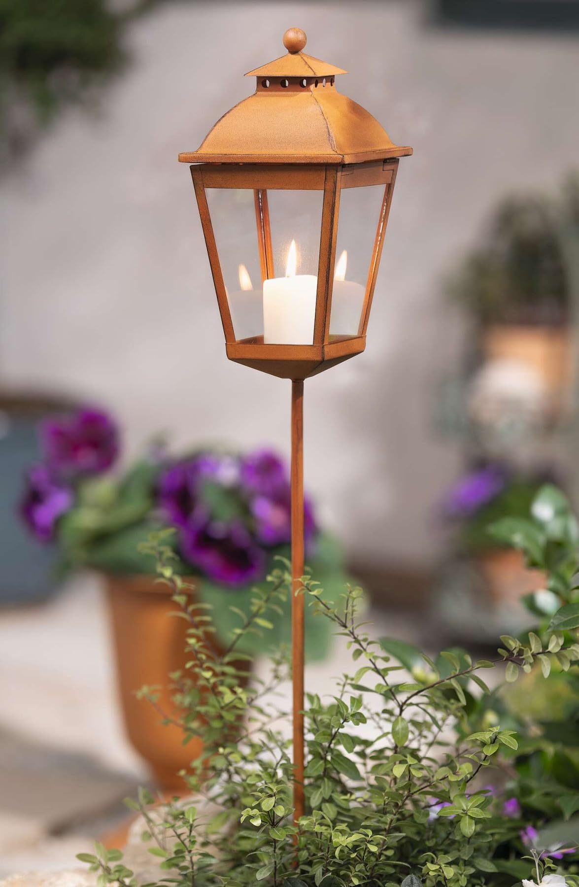 Gartenstecker Laterne, Metall mit Echt Rost, 106 cm hoch, Gartenlaterne