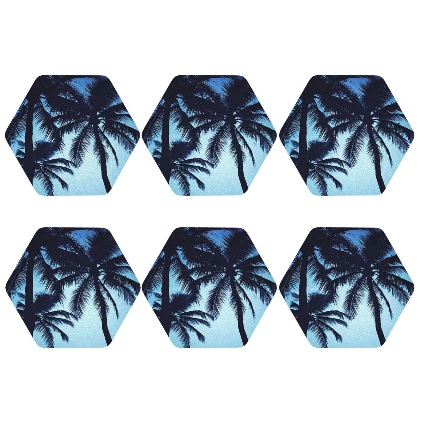 6pcs Leather Coasters for Drinks, Palm Tree Blue Drink Coasters for Tabletop Protection, 4" Cup Coasters for Coffee Table Decor, Non-Slip Drinking Cup Mat for Hot Or Cold Drink