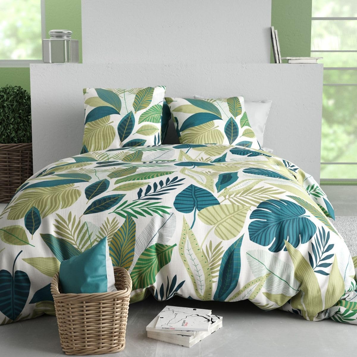 Parure housse de couette 240x220cm tropicale Pikilia en coton blanc et vert