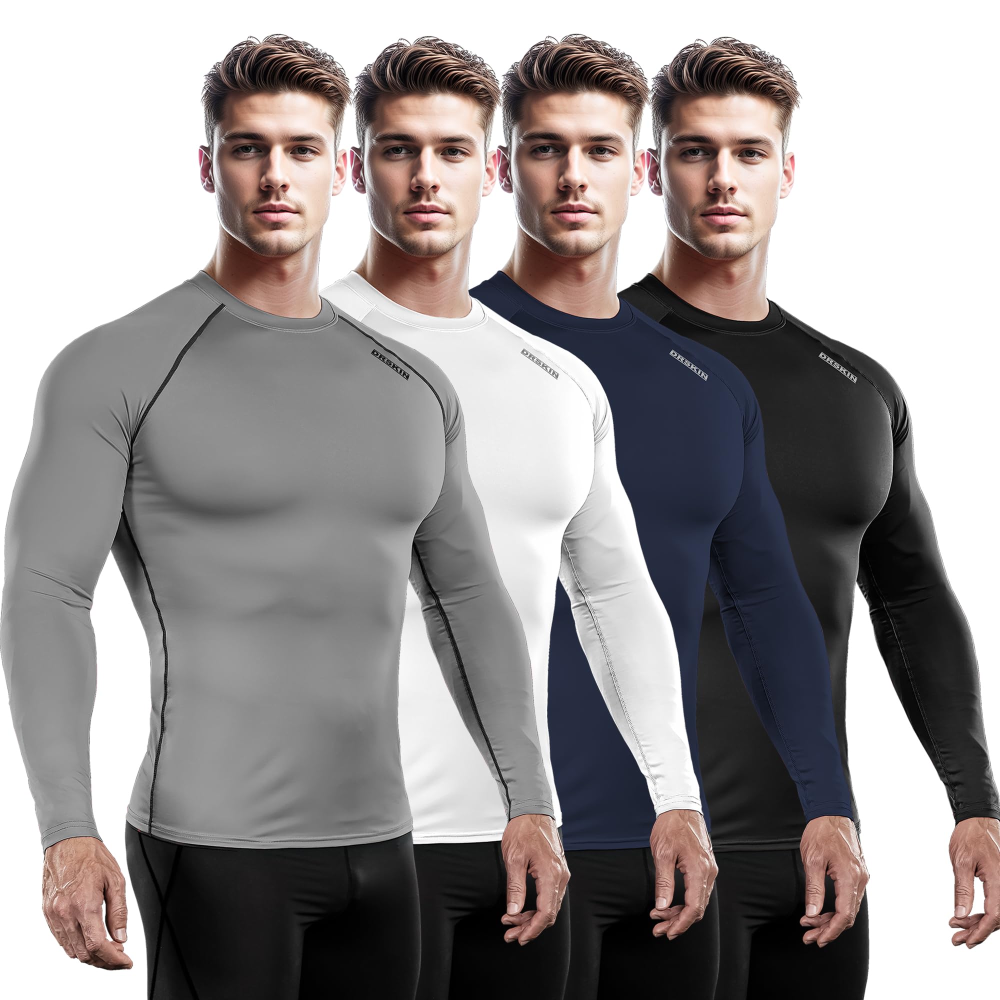 DRSKIN 4, 3, 2 or 1 Pack Men's Compression Shirts Top Long Sleeve Sports Baselayer Workout Running Athletic Active