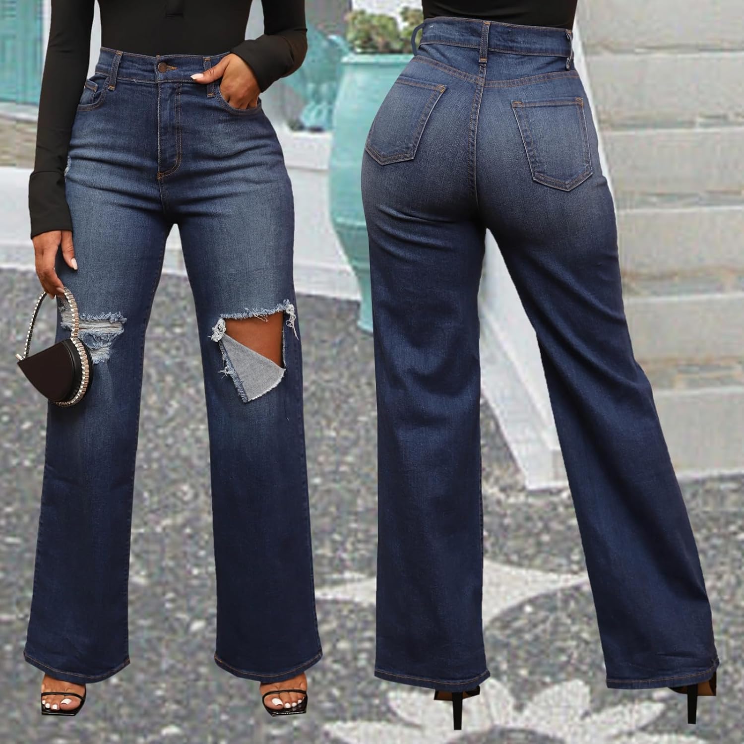 Skinny Bell Bottom Jeans for Women High Waisted Elastic Ripped Hole Flare Jeans Classic Denim Pants - Image 8
