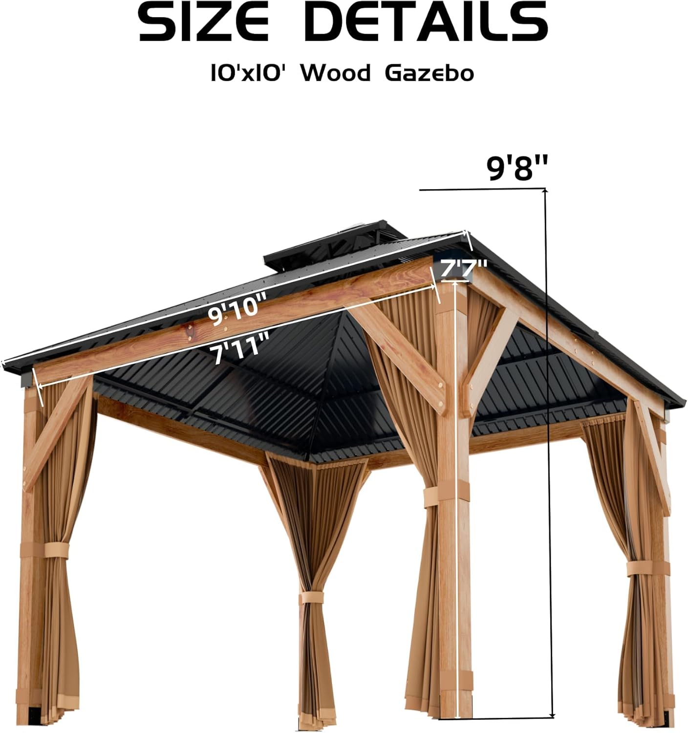 10x10 ft Wood Gazebo, Upgrade Spruce Frame and Double Galvanized Steel Roof, Hardtop Gazebo