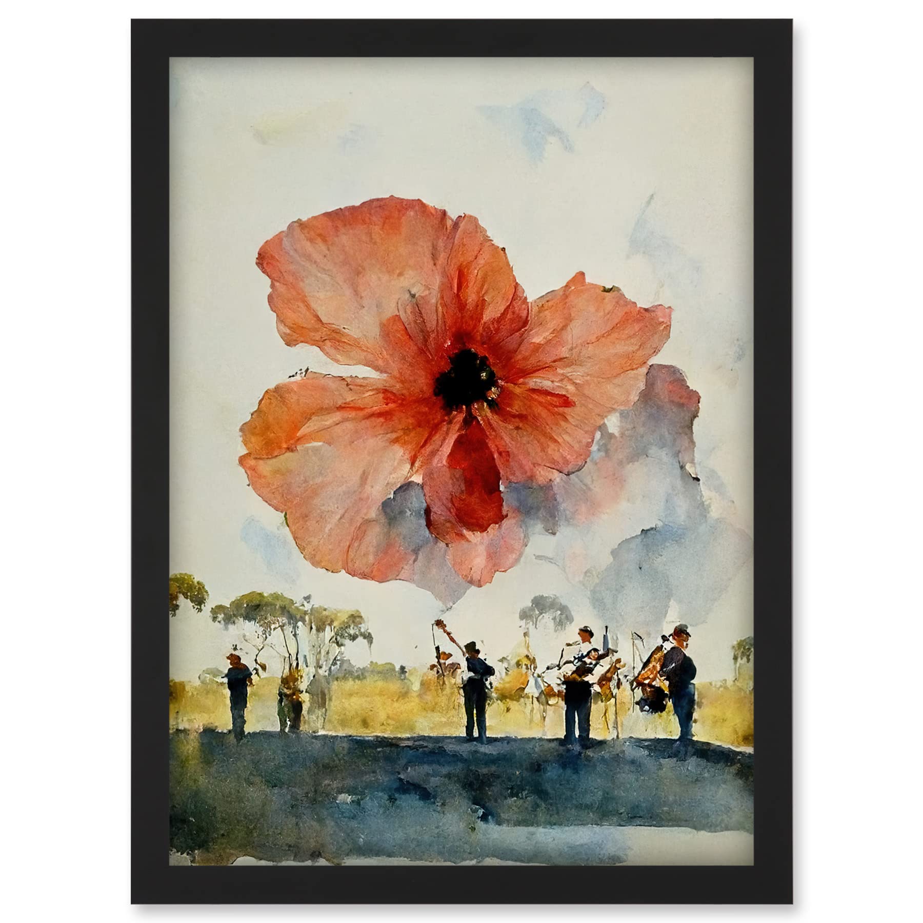 Doppelganger33 LTD Watercolour War Memorial Remembrance Day Poppy Brass Band Artwork Framed A3 Wall Art Print