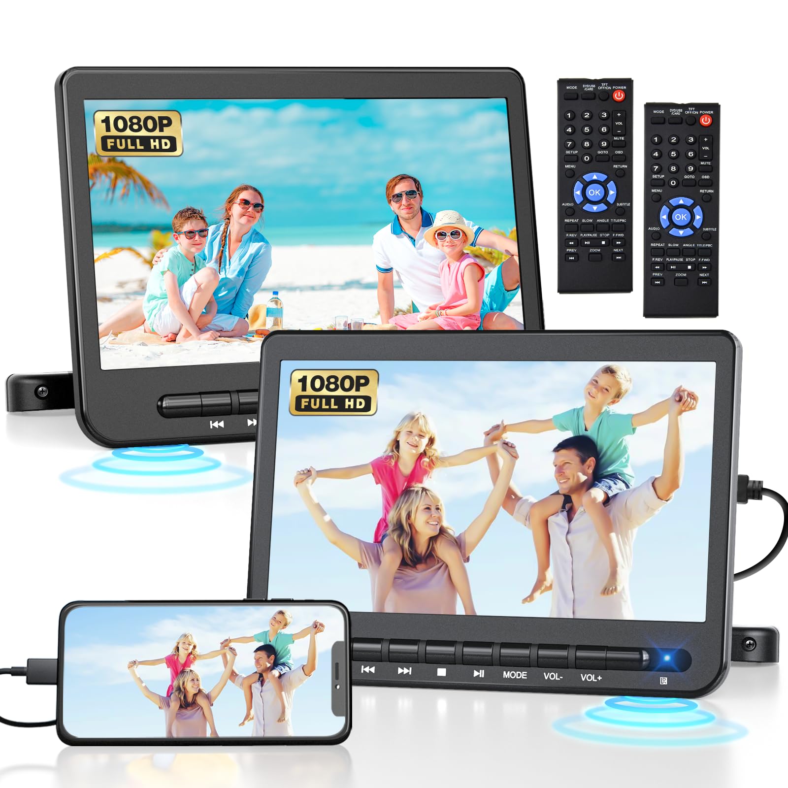 10.1" Dual Headrest DVD Player for Kids, DVD Player for Car with HDMI Input, Car DVD Player Dual Screen AV Out, Portable DVD Player Support USB/CD/DVD, Mounting Brackets and Straps