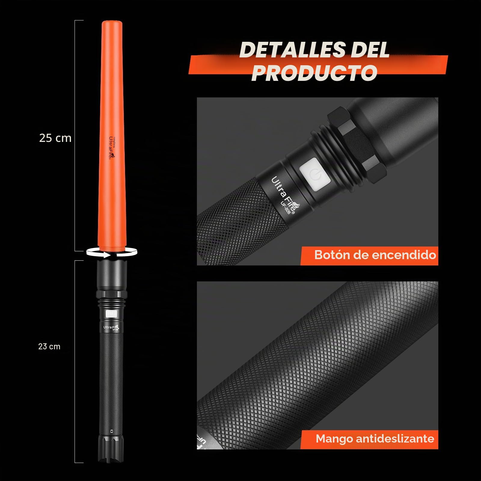 ULTRAFIRE Linterna LED de control de tráfico de 19 pulgadas con funda, linterna de seguridad de 850 lúmenes para servicio de policía de bomberos, estacionamiento, aeropuerto, construcción, emergencia,