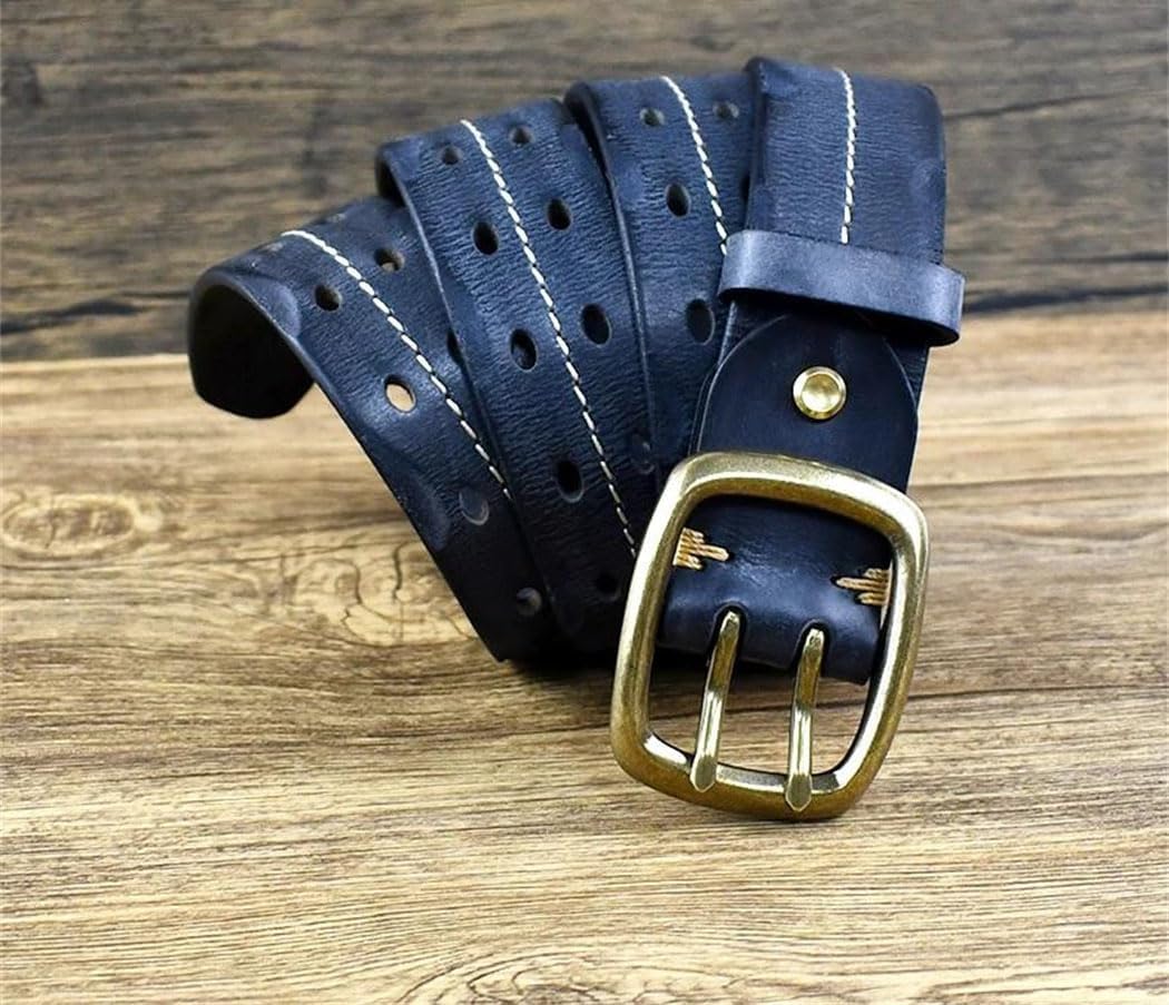 Men's vintage Double Needle Buckle Genuine Leather Solid Cowhide Thick Jeans Waistband Casual Belt